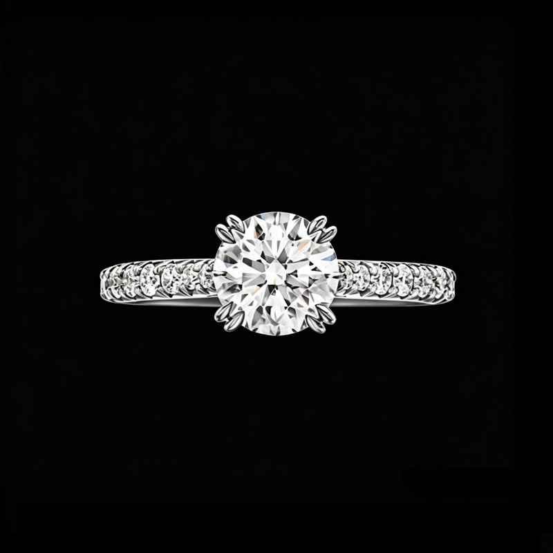 The Celestia Round Brilliant Ring | 18K Solid Gold 1-Carat Round Lab Diamond Engagement Ring with Double-Claw Prongs & Micro-Pave Band