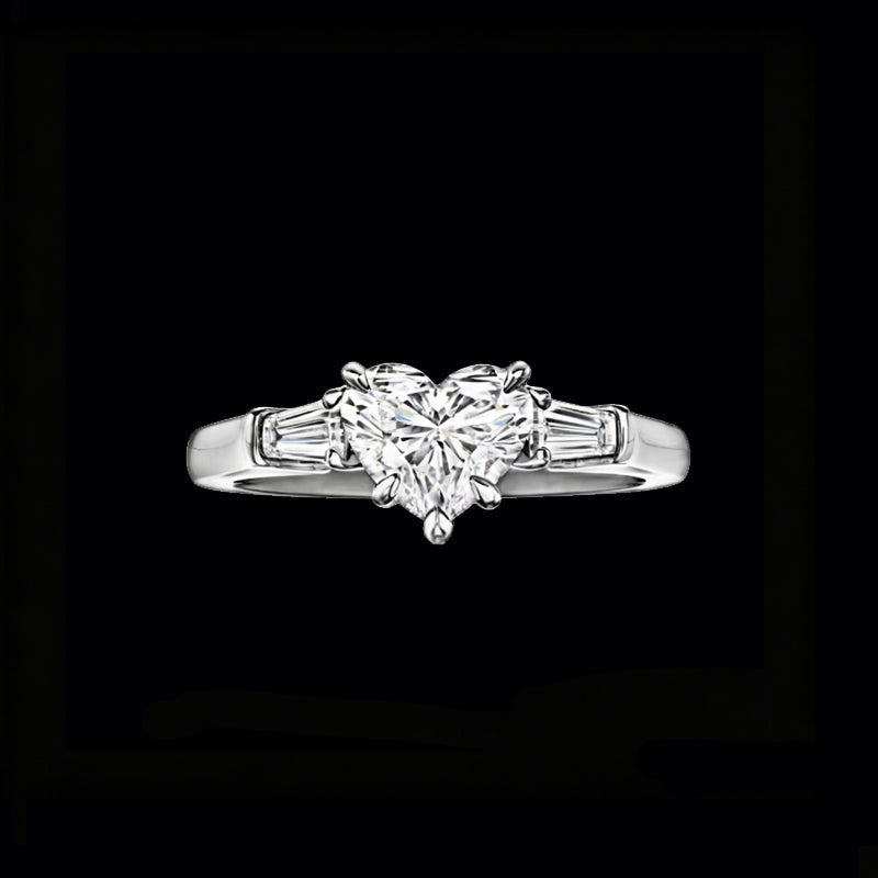 The Amour Heart Three-Stone Ring | 18K Solid Gold 1-Carat Heart-Shaped Lab Diamond Engagement Ring with Tapered Baguette Side Diamonds