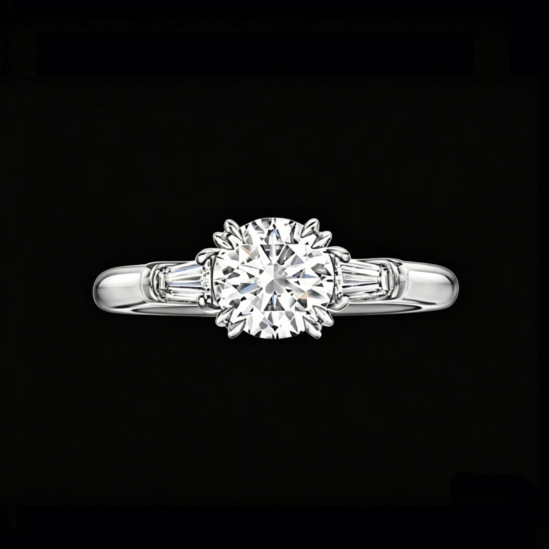 The Heritage Round Trilogy Ring | 18K Solid Gold 1-Carat Round Brilliant Lab Diamond Engagement Ring with Double-Claw Prongs & Tapered Baguette Side Stones