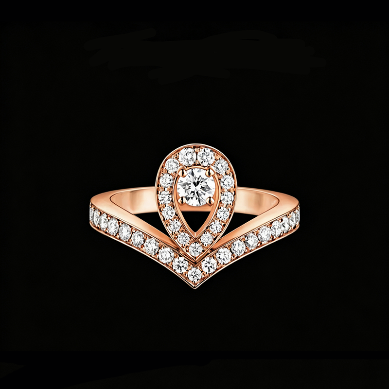 The Empress Tiara Ring | 18K Solid Rose Gold Pear Halo Lab Diamond Chevron Crown Band