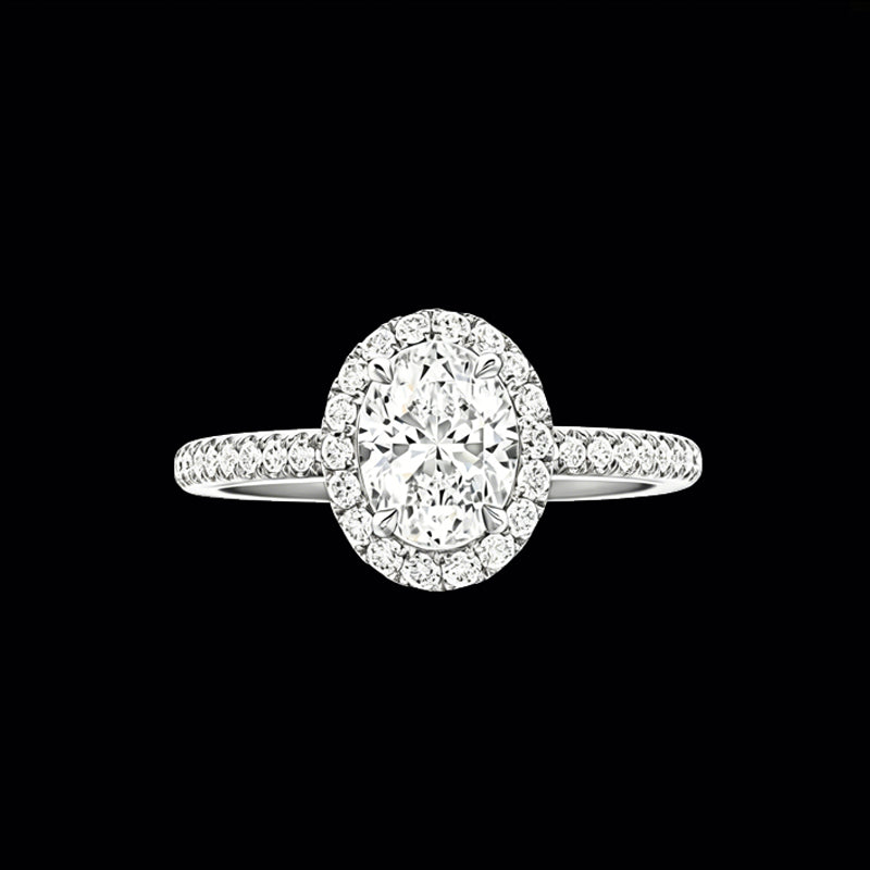 The Royal Oval Halo Ring | 18K Solid Gold 1-Carat Oval Brilliant Lab Diamond Engagement Ring with Scalloped Pavé Halo & Diamond Band
