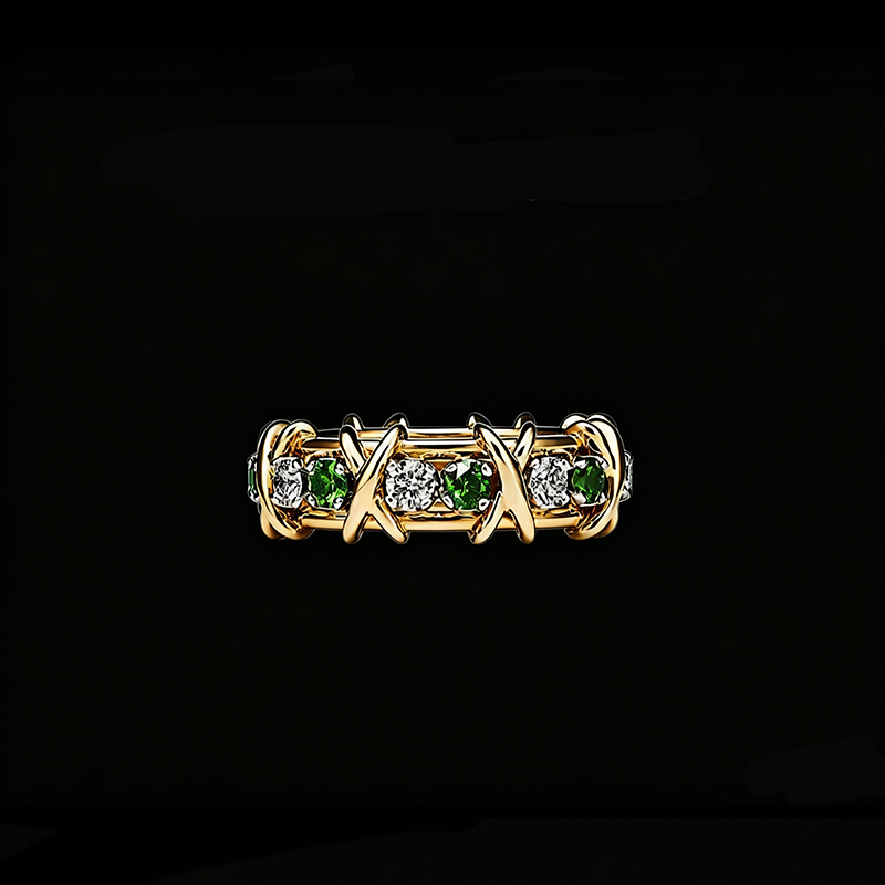 The Solar Verdant Eternity Ring | 18K Solid Yellow Gold Alternating Emerald and Lab Grown Diamond Interlocking X Woven Band
