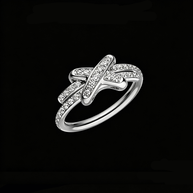 The Lumina Ribbon Ring | 18K Solid White Gold Criss Cross Intertwined Pave Lab Diamond Geometric Statement Band