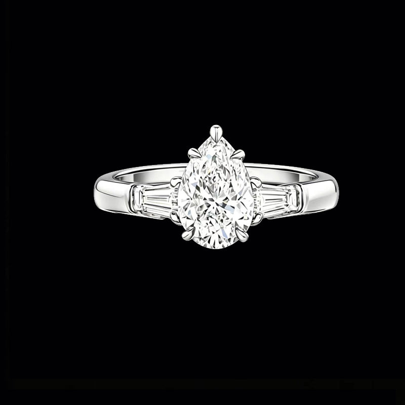 The W&H Pear Ring | 18K Solid Gold 1-Carat Pear-Shaped Lab Diamond Engagement Ring with Tapered Baguette Side Stones