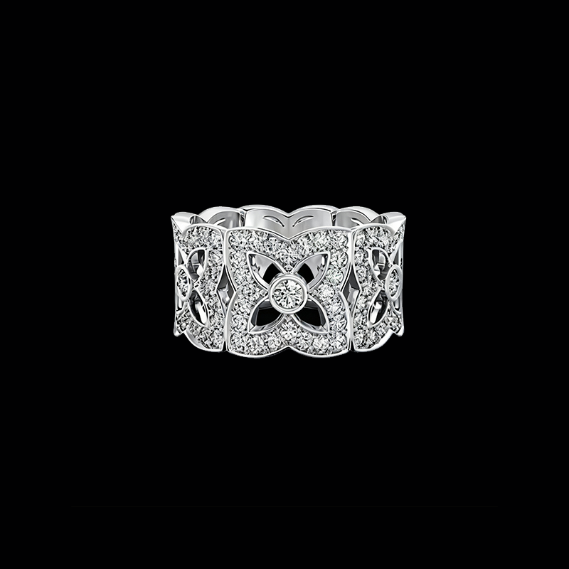 Bespoke 18K White Gold Openwork Lotus Flower Ring with Pave Diamonds | Luxury Statement Wide Band