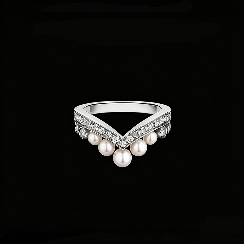 The Pearl Tiara Chevron Ring | 18K Solid White Gold Pave Lab Diamond Curved Pearl Crown Stacking Wedding Band