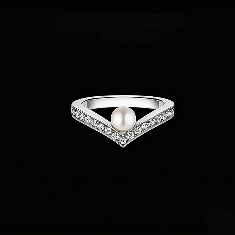 The Pearl Solitaire Chevron Ring | 18K Solid White Gold Pave Lab Diamond Curved Nesting Tiara Band
