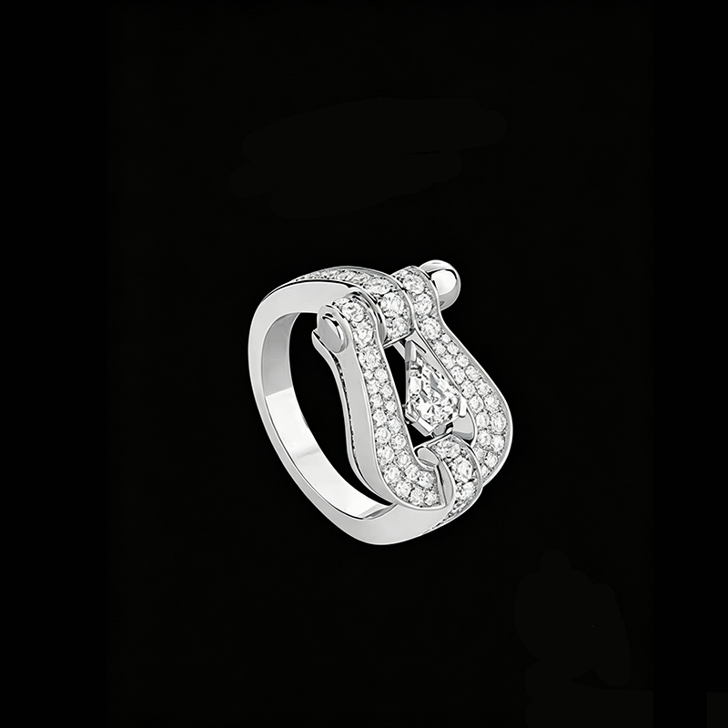 The Maritime Shackle Ring | 18K Solid White Gold Pave Lab Diamond Horseshoe Statement Band with Pear Cut Center Diamond
