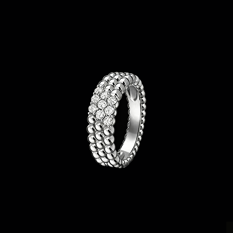 The Perlée Blossom Band | 18K Solid White Gold Triple-Row Beaded Matrix Pave Lab Diamond Texture Statement Ring