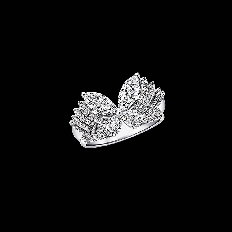 The Metamorphosis Butterfly Ring | 18K Solid White Gold Marquise & Pear Cut Lab Diamond Tiered Pavé Winged Cocktail Band