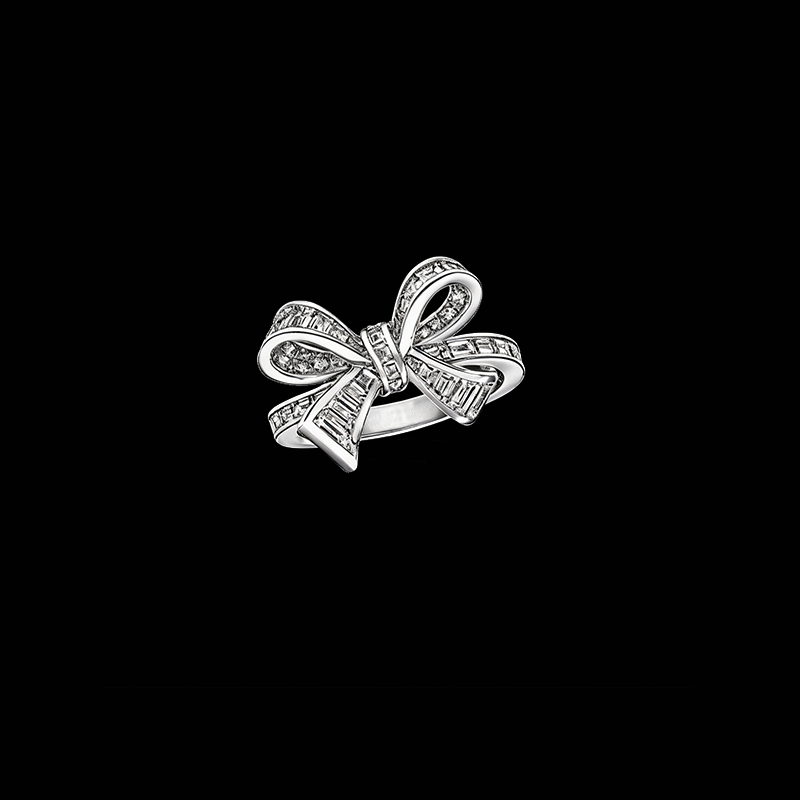 The Couture Ribbon Bowknot Ring | 18K Solid White Gold Baguette & Round Cut Lab Diamond 3D Sculptural Openwork Cocktail Band