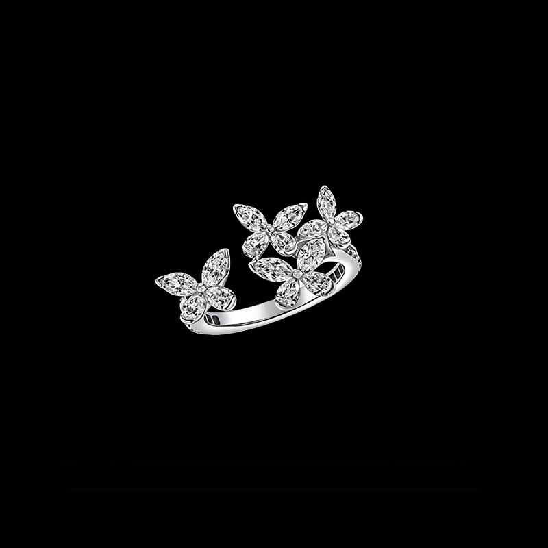 The Fluttering Symphony Open Ring | 18K Solid White Gold Multi-Butterfly Cluster Marquise-Style Lab Diamond Between-the-Finger Statement Band