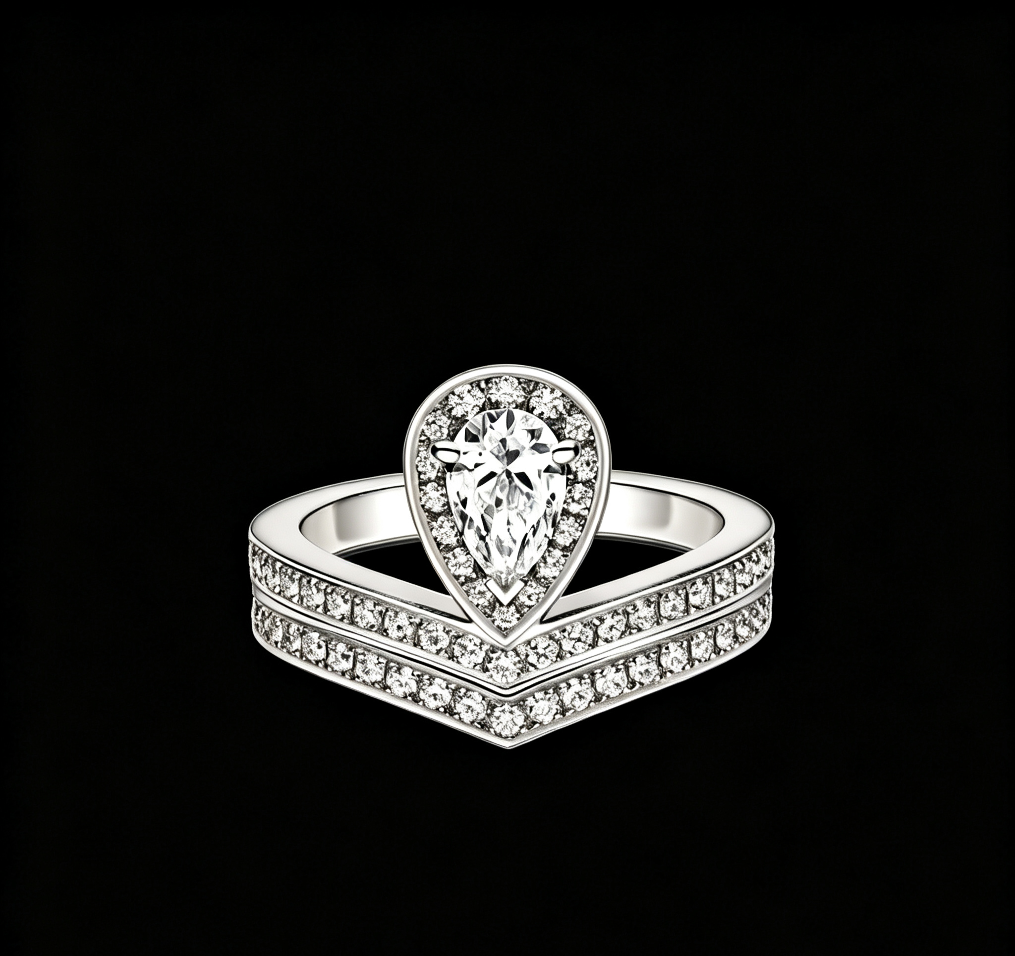 The Empress Pear Halo Ring | 18K Solid White Gold Double Chevron Lab Diamond Band