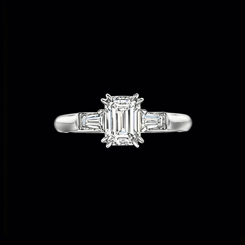 The Legacy Emerald Three-Stone Ring | 18K Solid Gold 1-Carat Emerald-Cut Lab Diamond Engagement Ring with Tapered Baguette Side Diamonds
