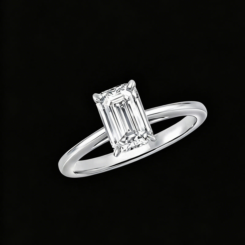 The Paragon Emerald Solitaire Ring | 18K Solid Gold 1-Carat Emerald-Cut Lab Diamond Engagement Ring with Sleek Comfort Plain Band